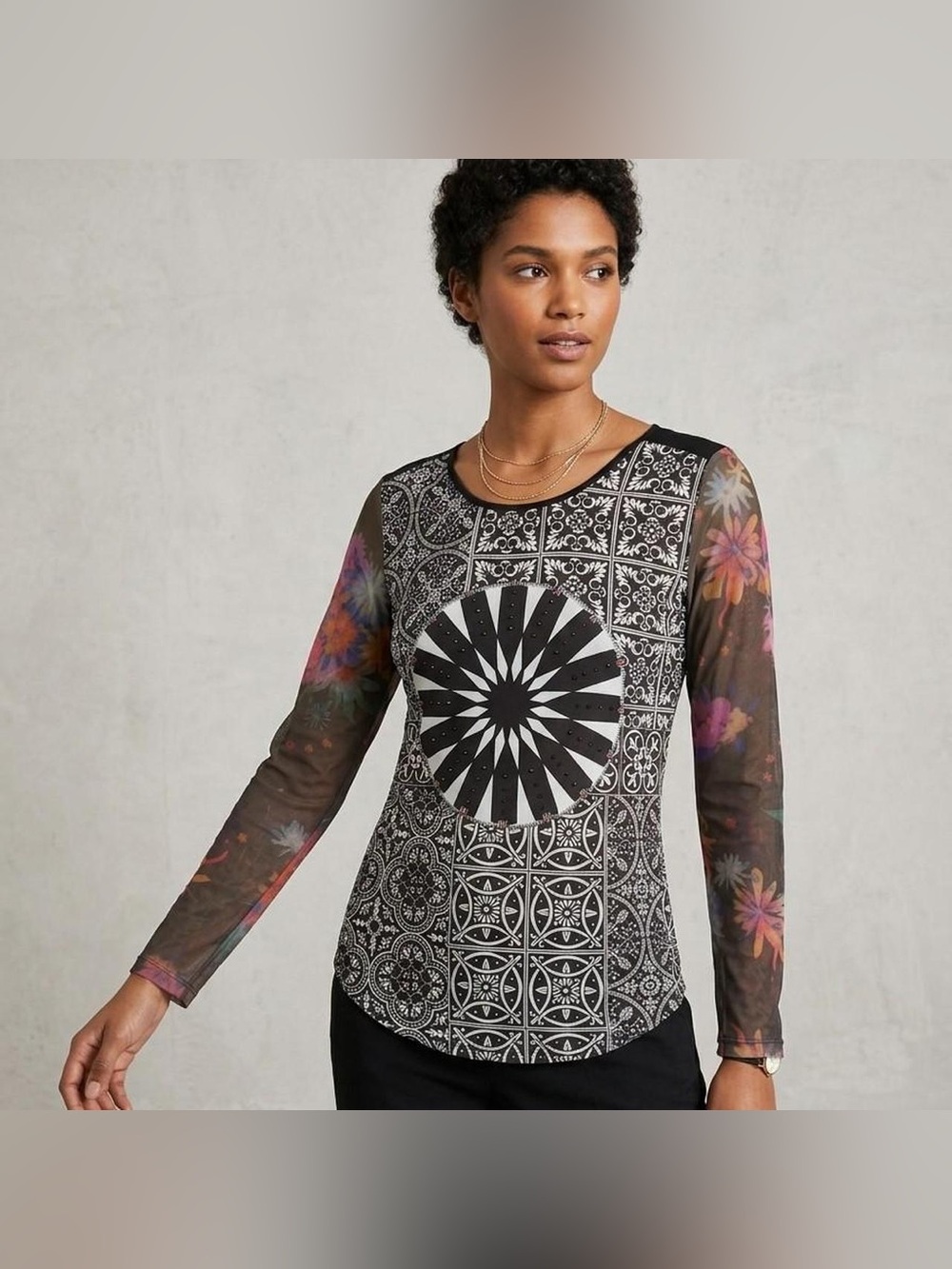 Desigual Black and Multicolor Mosaic Medallion Long Sleeve Top